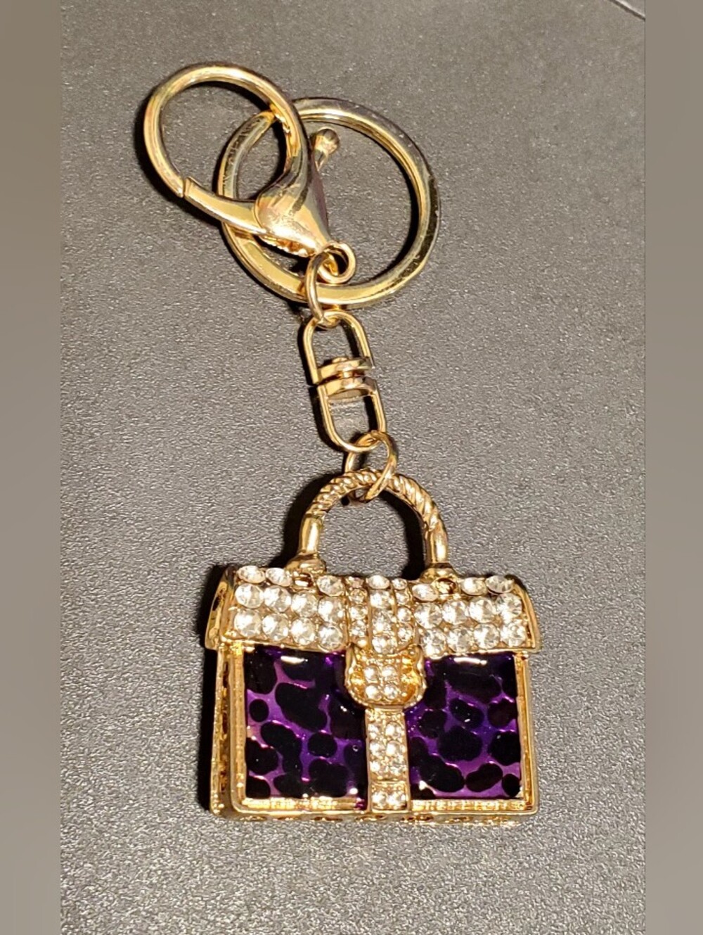 Gold-Tone Purple Leopard Print With Crystal Accent Handbag Keychain